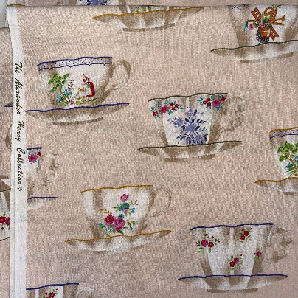 VTG Alexander Henry Collection Pink Floral Flowers Tea Teacup Fabric 58”x43”